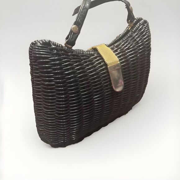 VTG Magid British Hong Kong Woven Wicker Like Basket Purse Handbag Black Gold - Picture 3 of 9